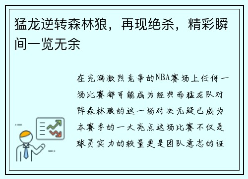 猛龙逆转森林狼，再现绝杀，精彩瞬间一览无余