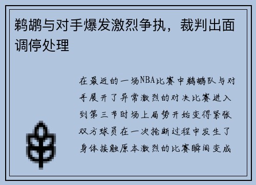 鹈鹕与对手爆发激烈争执，裁判出面调停处理